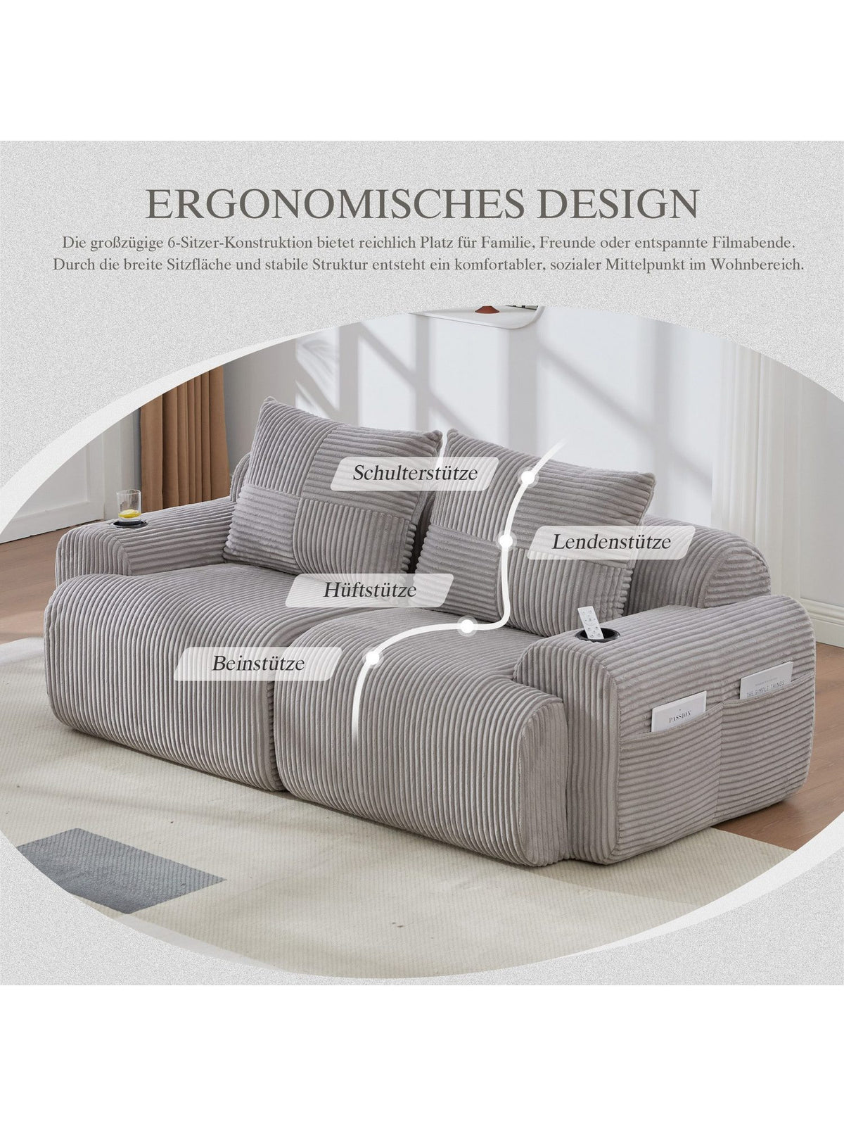 Seitenansicht des modularen Cord Sofas in Hellgrau