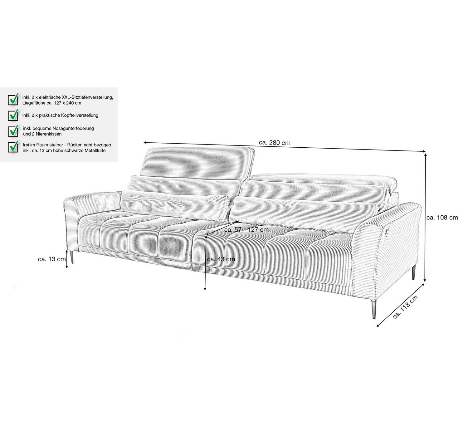 Big Sofa LOGAN aus Cord in Beige - Produktansicht 2