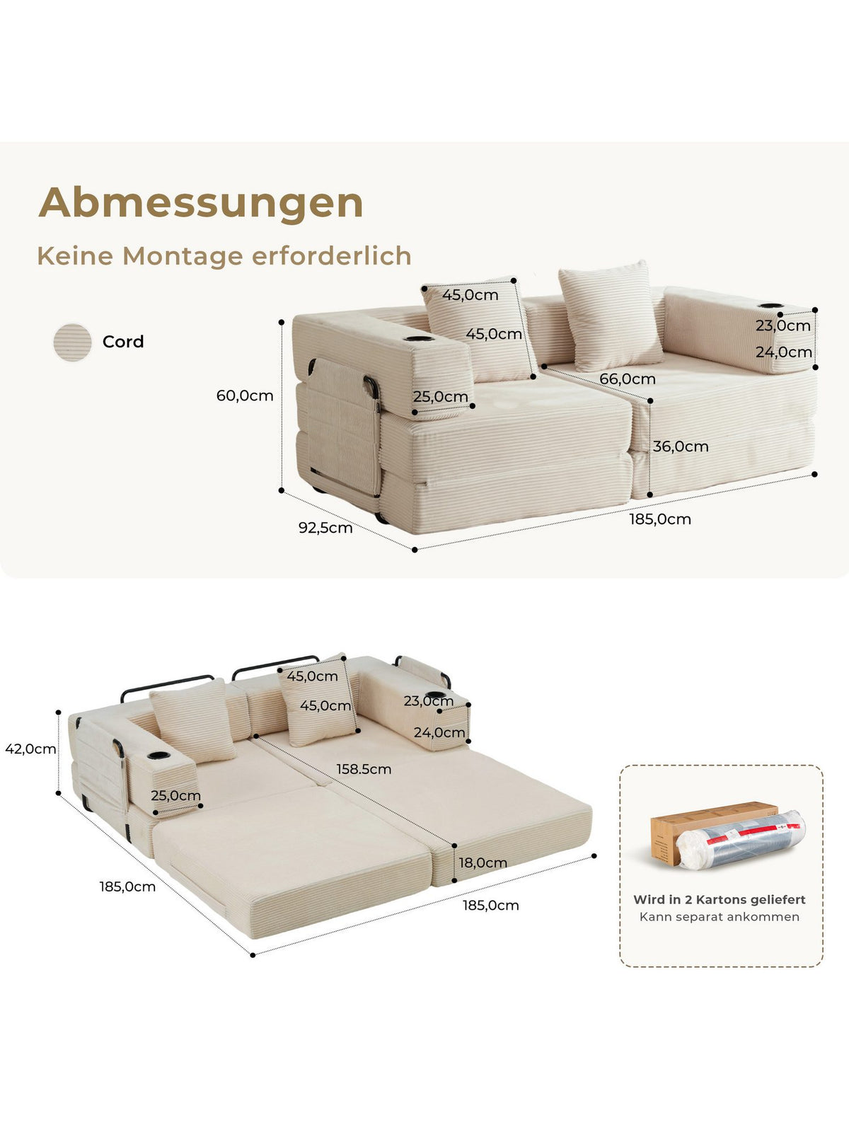 Modulares Cord Schlafsofa M3-V2 in Weiß Gesamtansicht