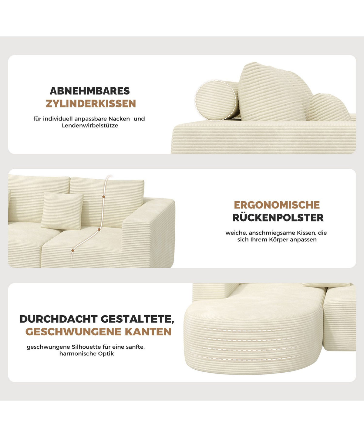 Maßangaben des beigen Cord Ecksofas mit 264 cm Breite