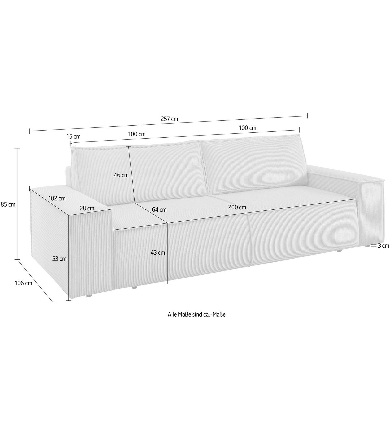 Cord Schlafsofa SHERWOOD mit ausgeklappter Liegefläche