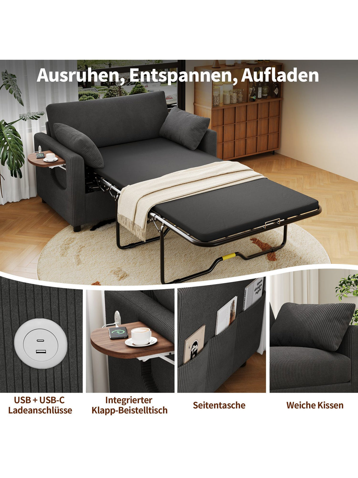 Klappbarer Beistelltisch in der Armlehne des Schlafsofas