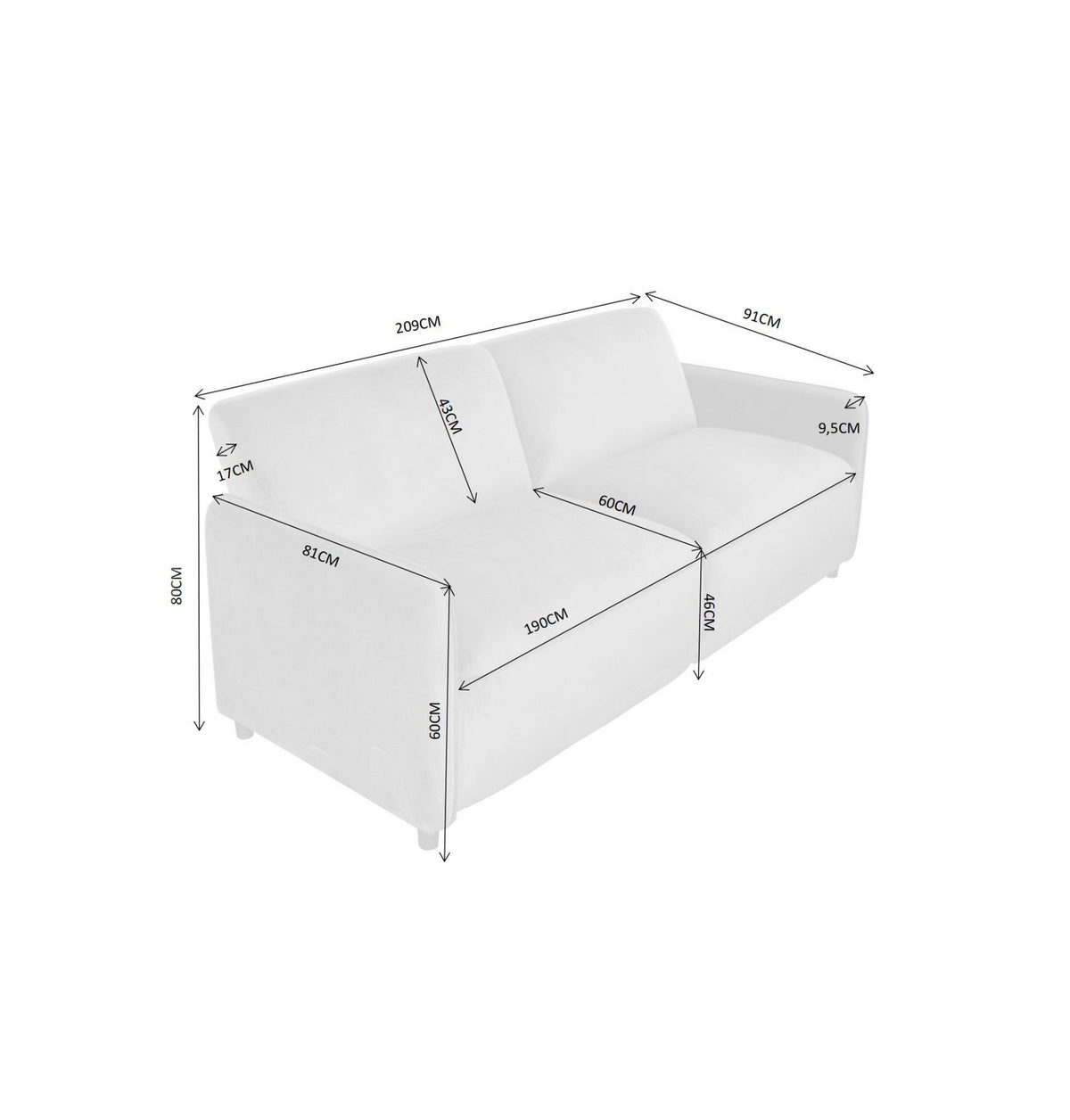 Cord Schlafsofa ALLIE CURVED Rueckansicht mit Rohrfuessen