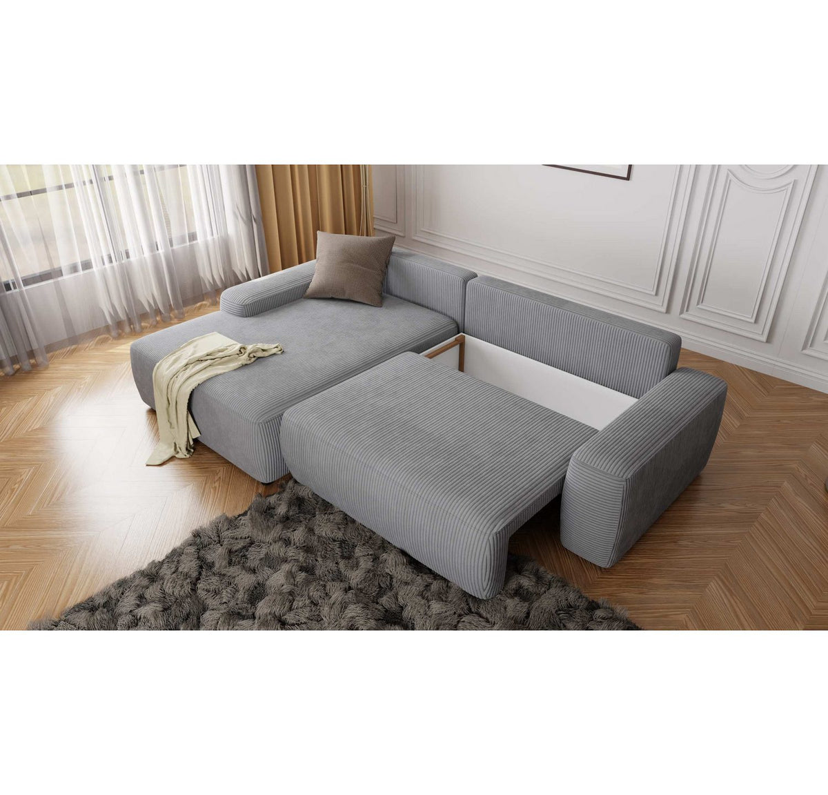 Cord Ecksofa HANNELIE in Hellgrau mit Ottomane und Bettkasten