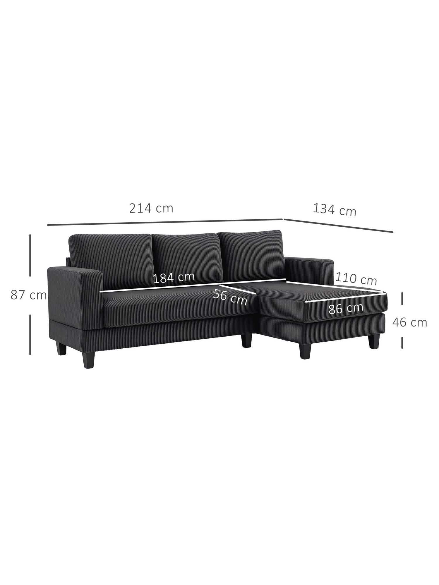 Cord Ecksofa mit Chaiselongue im Wohnzimmer
