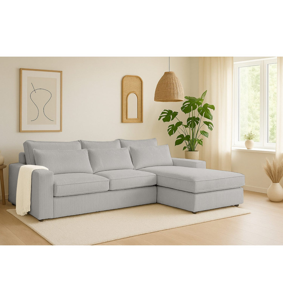 Cord Ecksofa SISSI MINI in Hellgrau frontal im Wohnzimmer