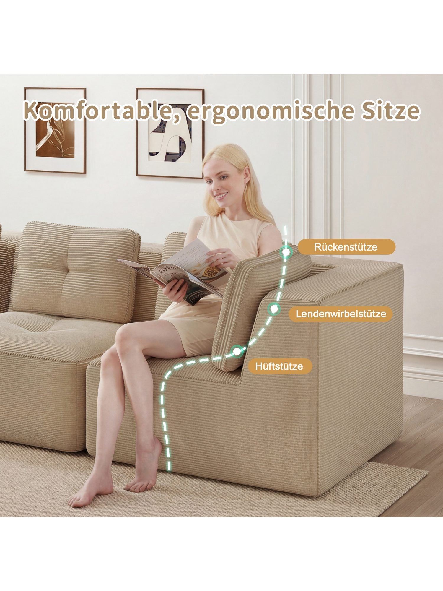 Rutschfeste Standfüße unter dem Cord Sofa