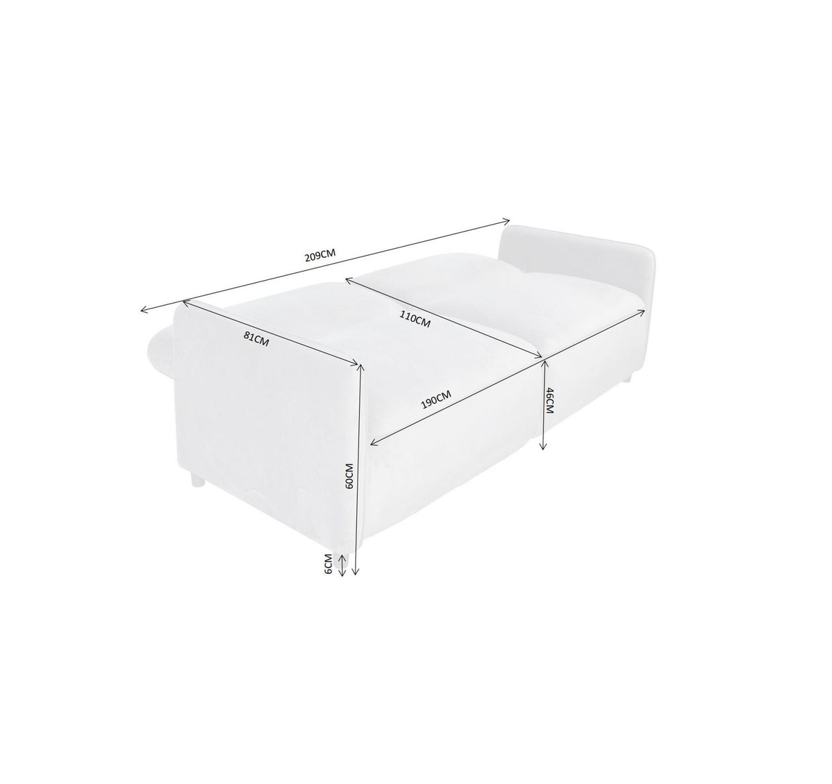 Cord Schlafsofa ALLIE CURVED mit ausgezogener Liegeflaeche