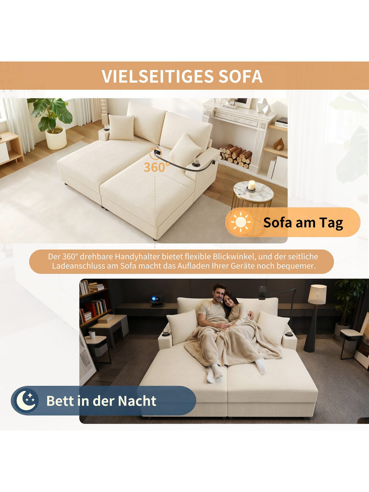 Seitenansicht des Cord Schlafsofas in Beige mit Massivholzrahmen