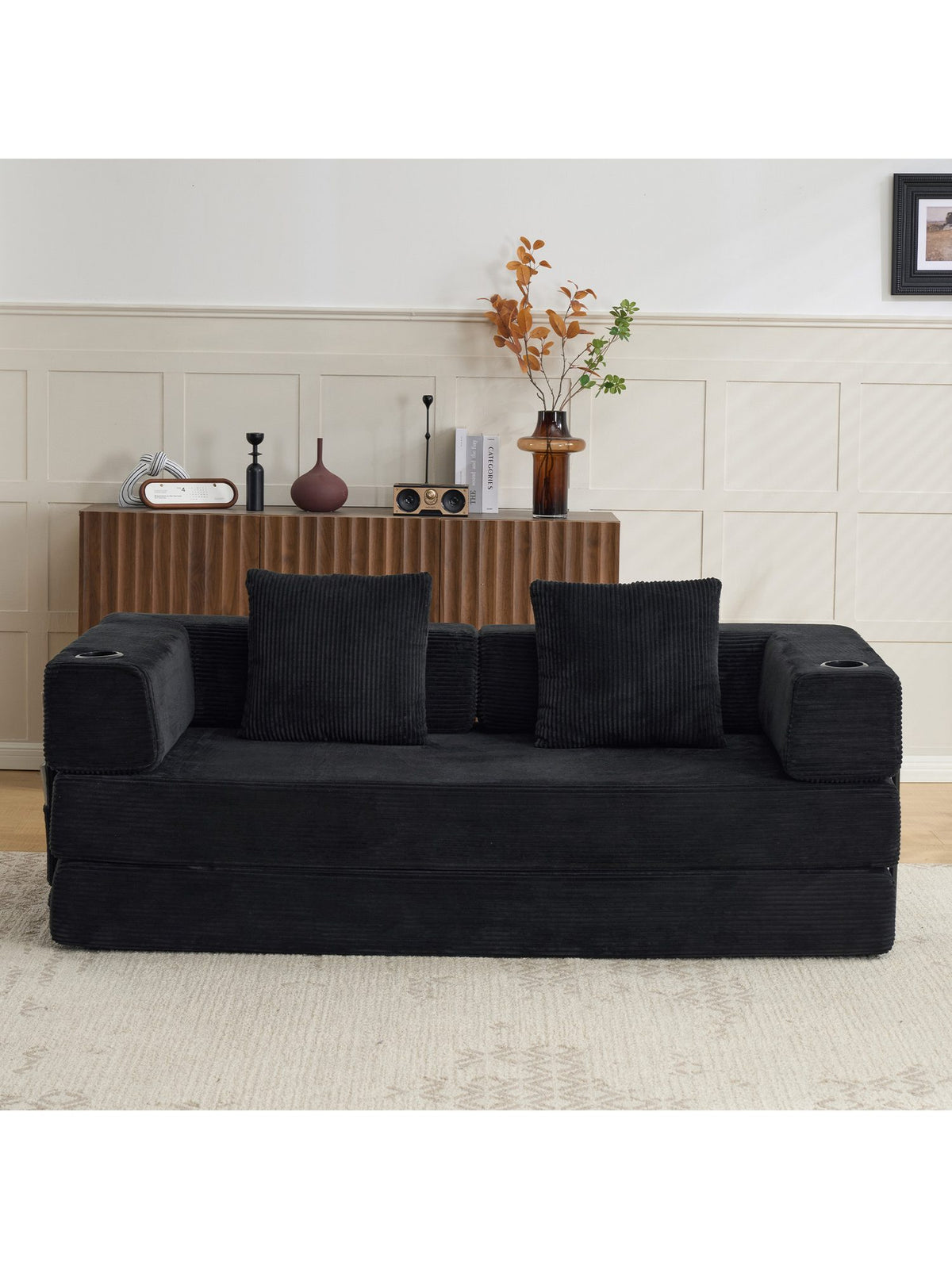 Faltbares Cord Schlafsofa in Schwarz als Sofa genutzt