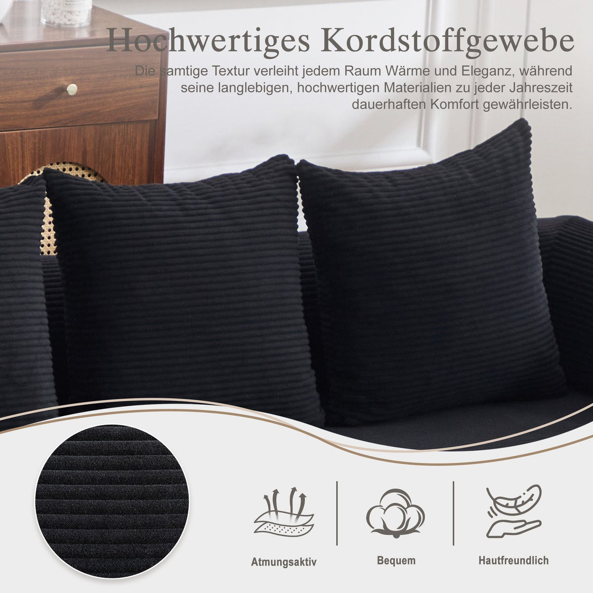 Modulares Cord Ecksofa in Schwarz Detail der Cordstruktur