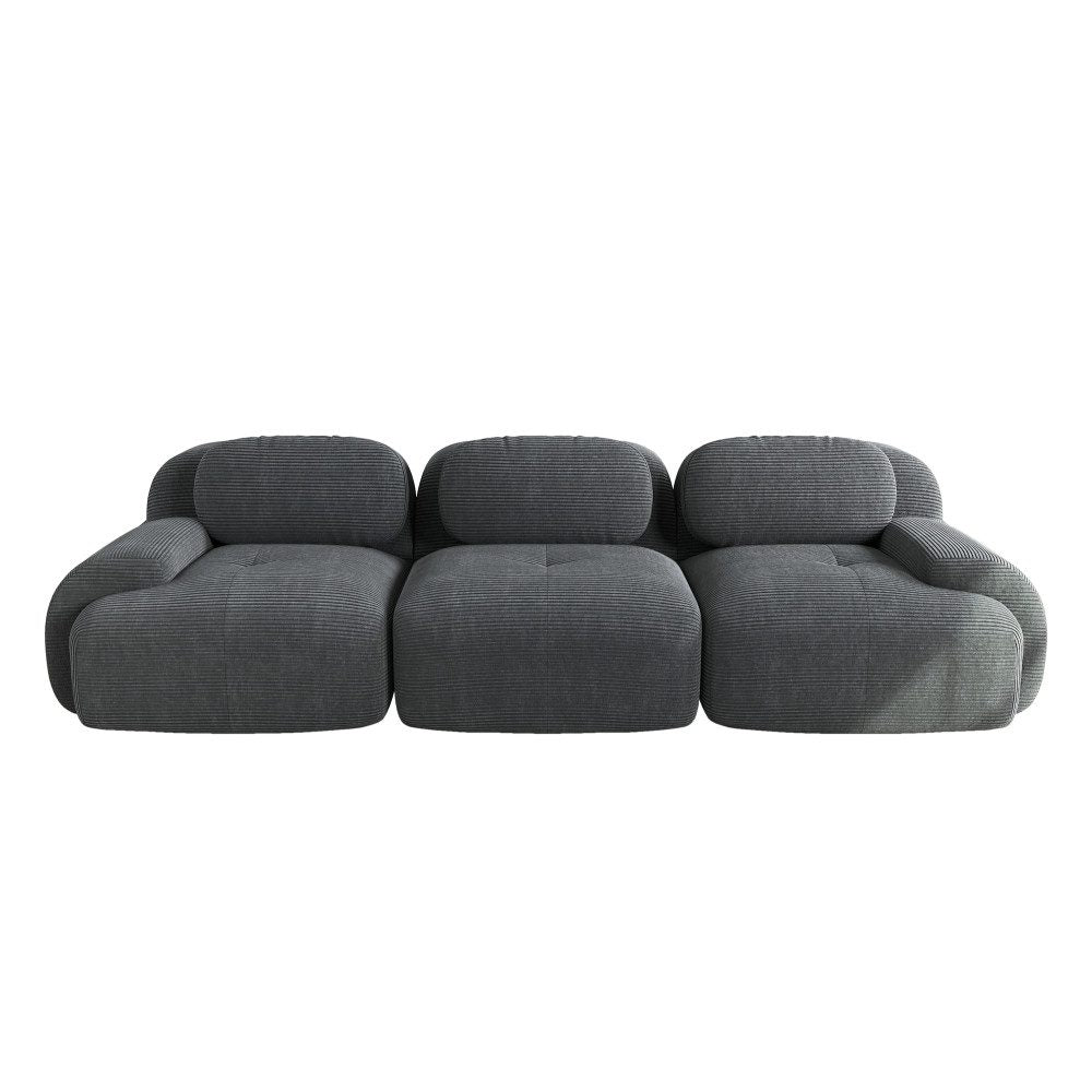 Nahaufnahme des grauen Cordbezugs am modularen Sofa