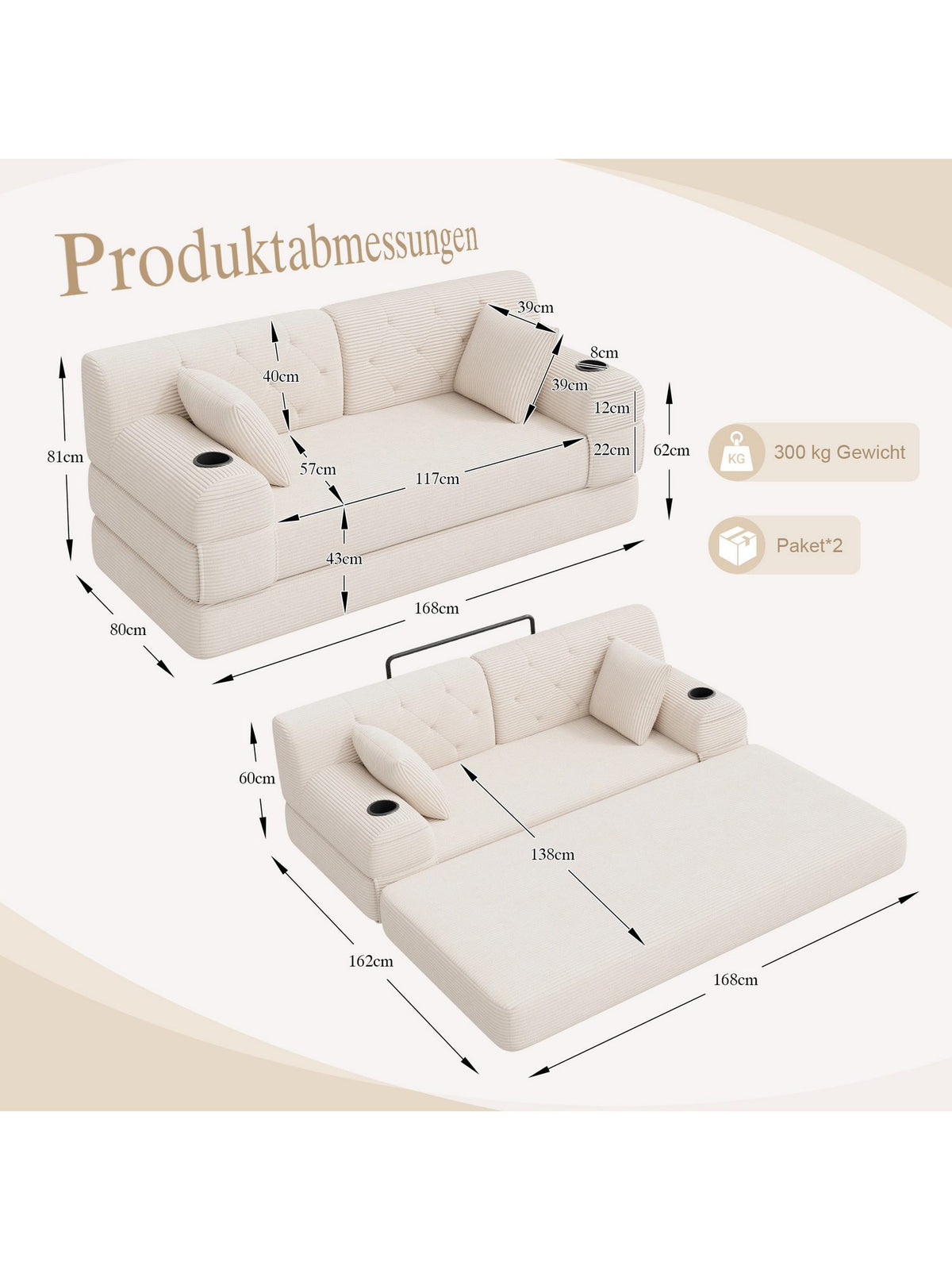Cord Schlafsofa CELYA in Beige von der Seite