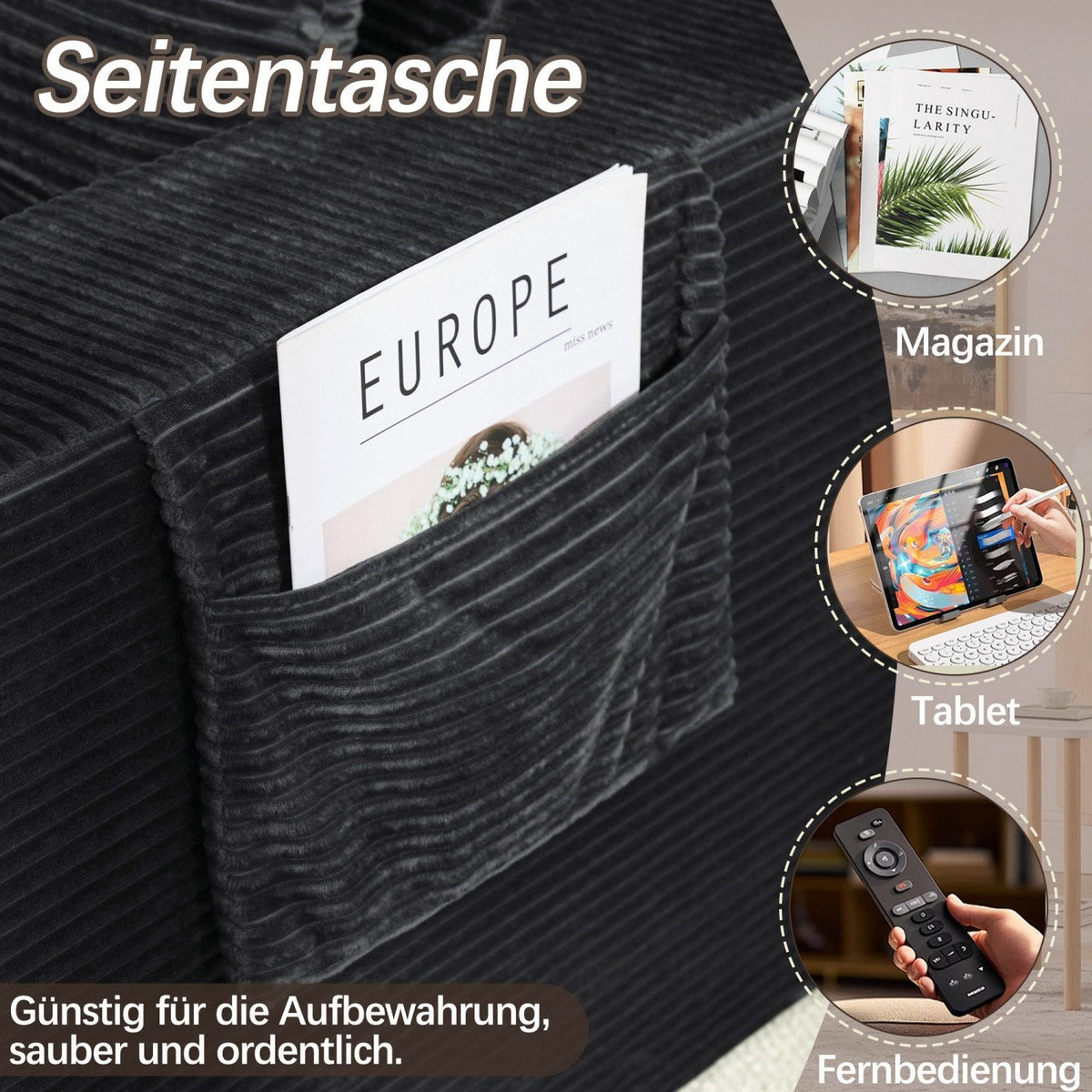 Cord Schlafsofa in Schwarz im Wohnzimmer aufgestellt