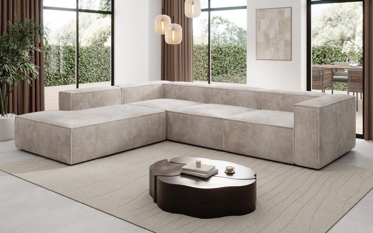 Nahaufnahme des fein gerippten Cordbezugs in Beige