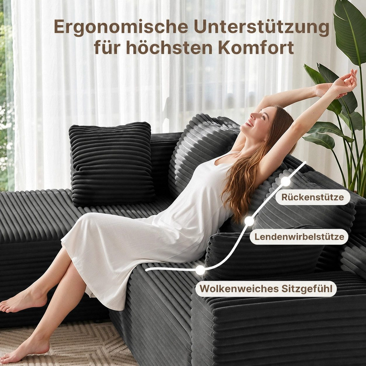 Cord Ecksofa in Schwarz mit Seitentasche