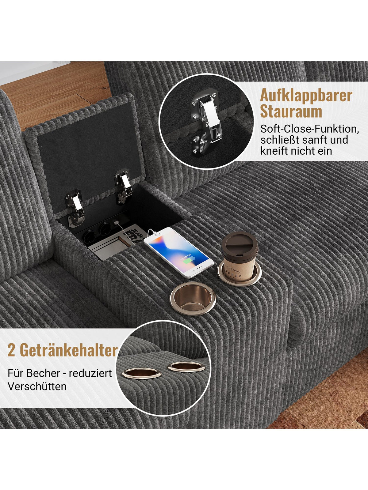 Stauraumhocker der Cord Wohnlandschaft geöffnet