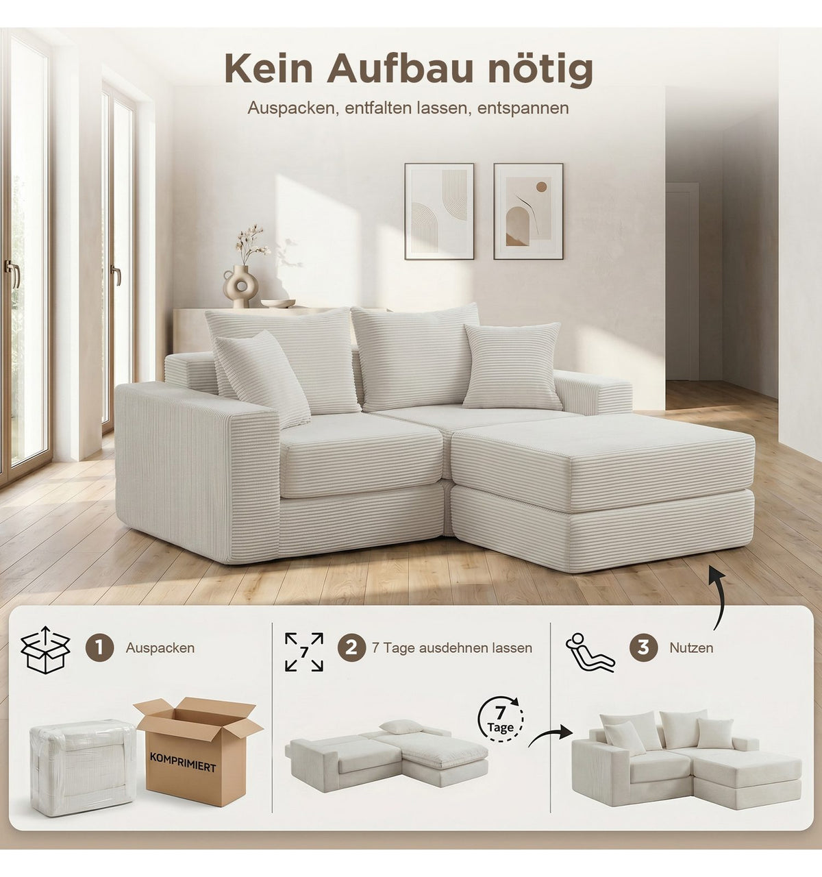 Modulares Cord Schlafsofa in Weiß im Wohnzimmer