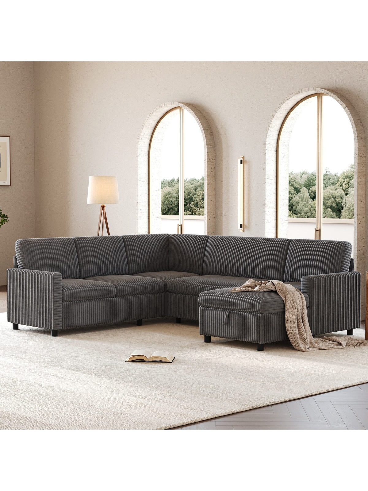 Graues Cord Sofa in U-Form von der Seite