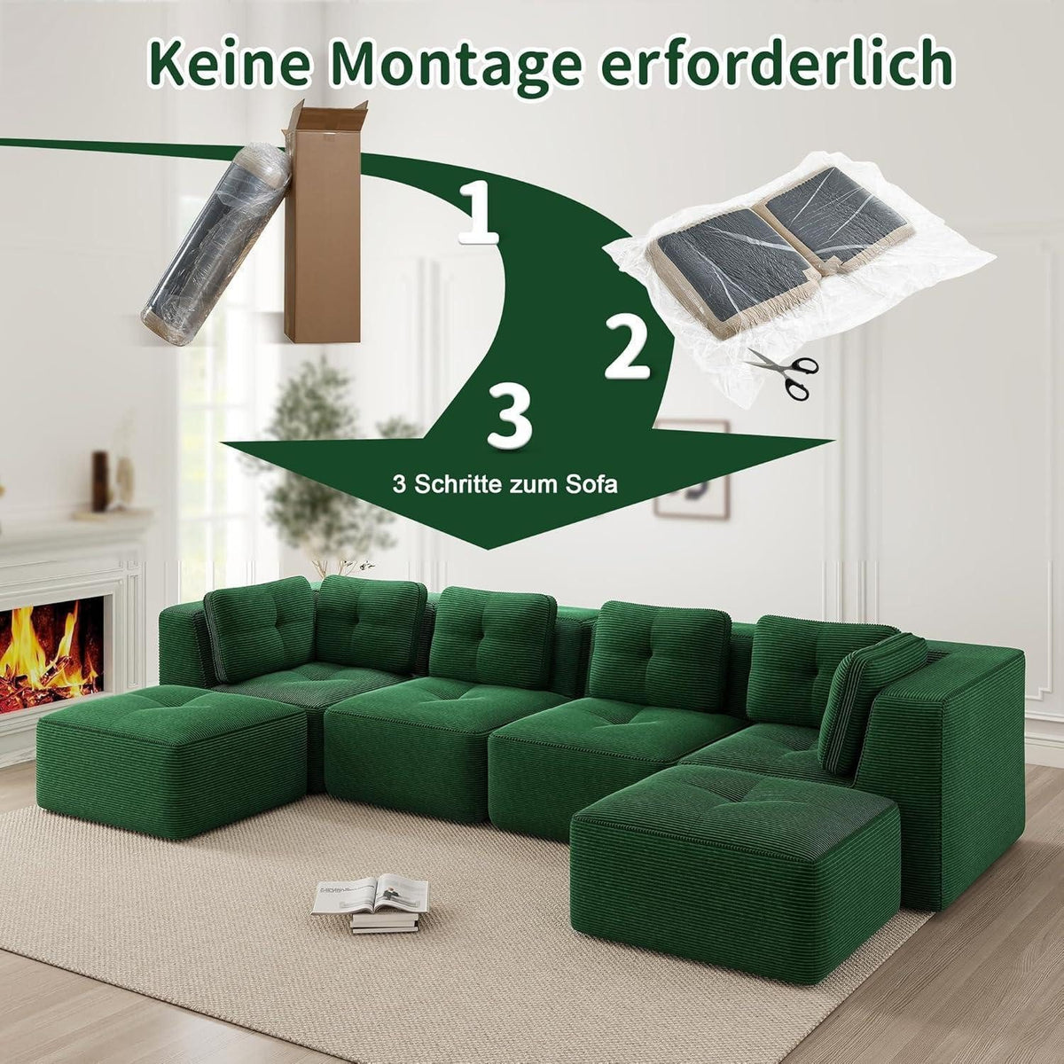 Ottomane des grünen Cord Ecksofas