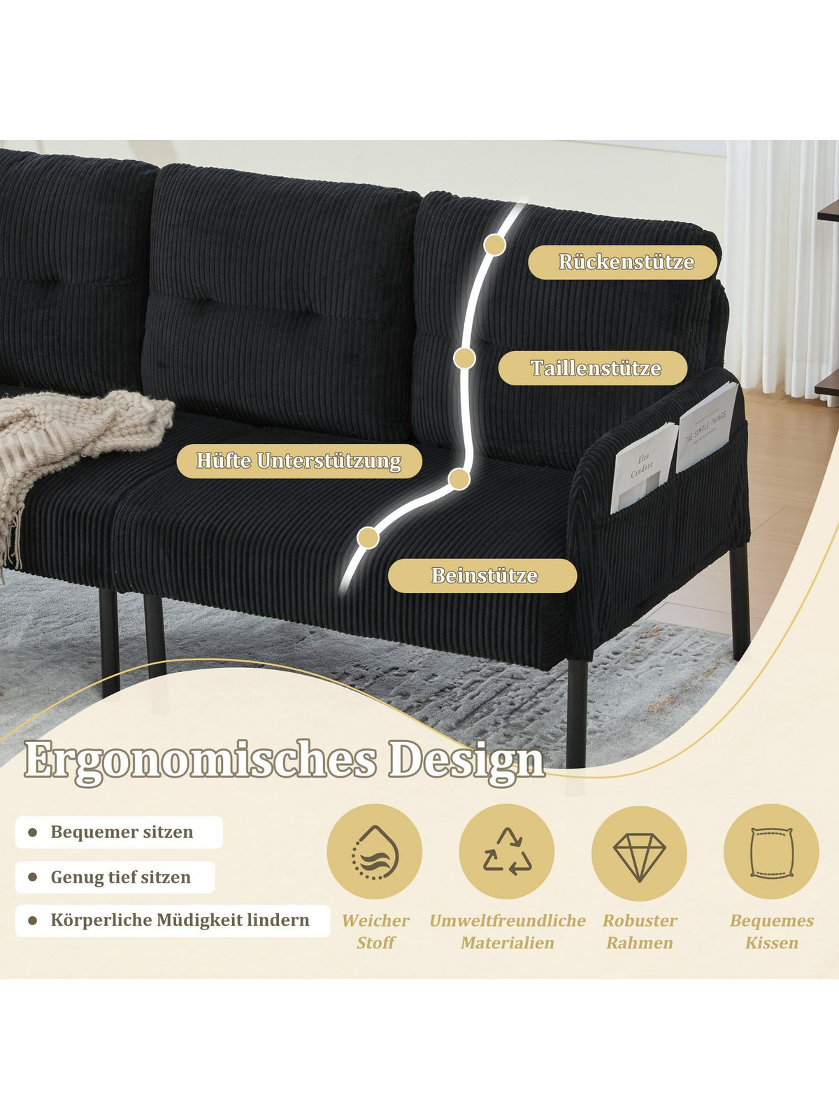 Metallfüße und Unterbau des Cord Sofas ODIKALO
