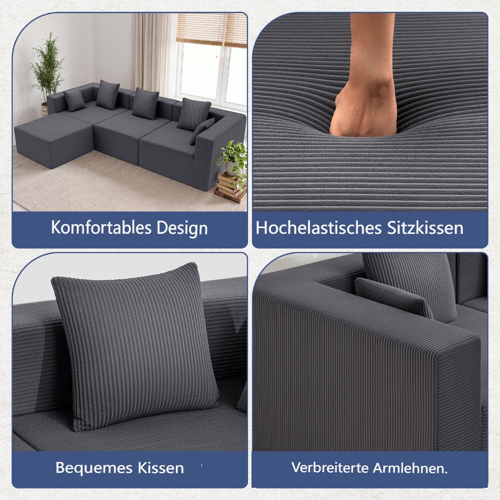 Modulare Elemente des grauen Cord Ecksofas