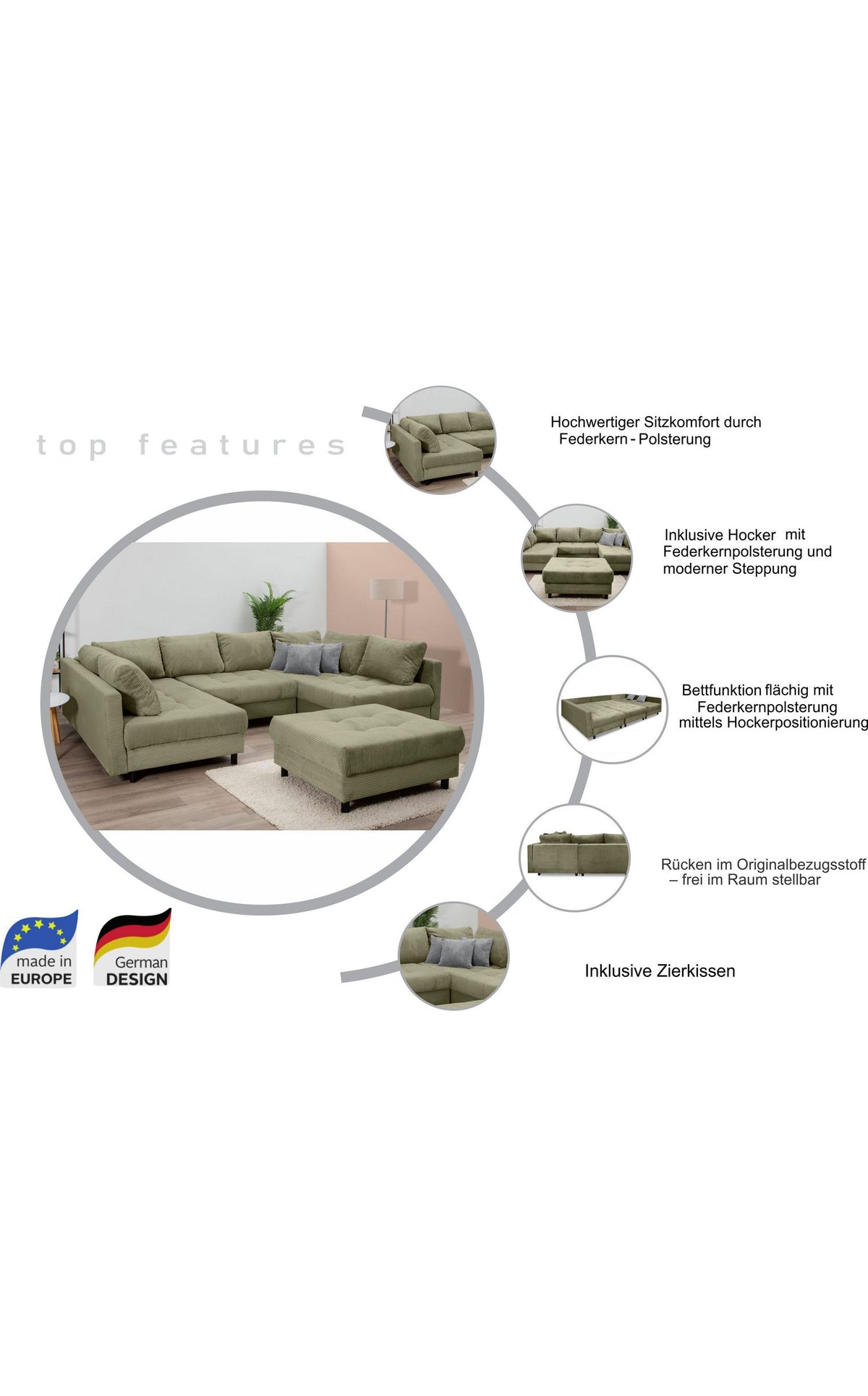 Detailansicht des Cord-Bezugs der Wohnlandschaft ANTONIA