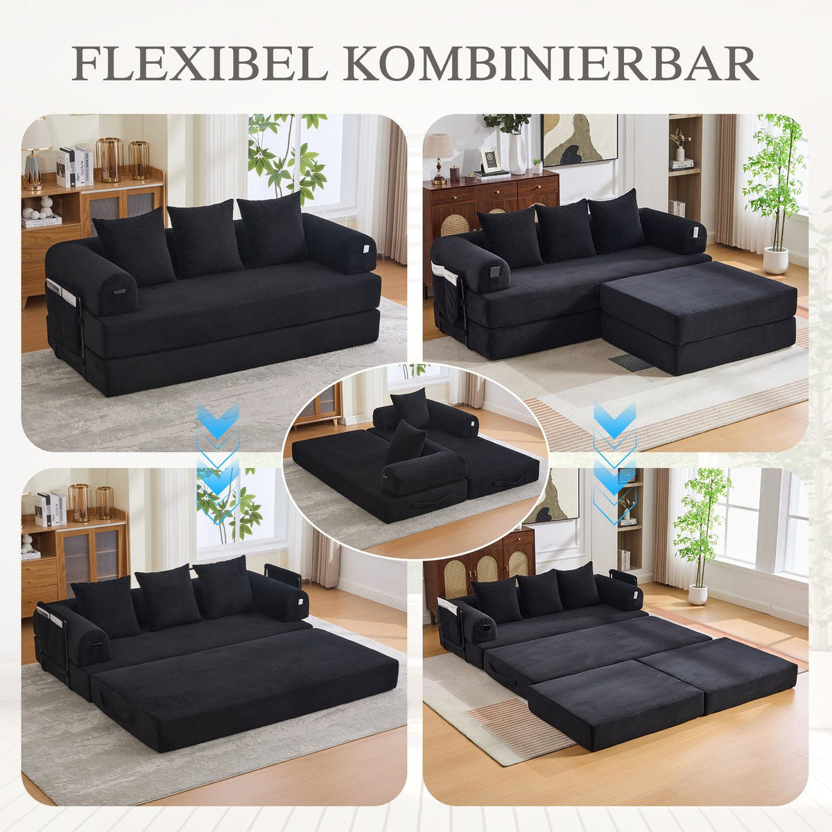 Modulares Cord Ecksofa in Schwarz Seitenansicht