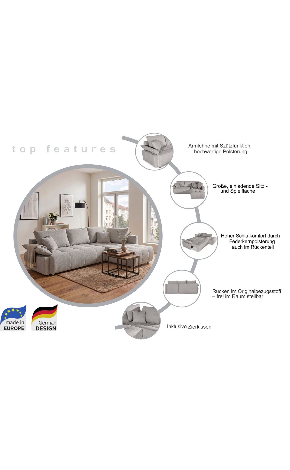 Bettkasten des Cord Ecksofas FUNTASTIC geöffnet