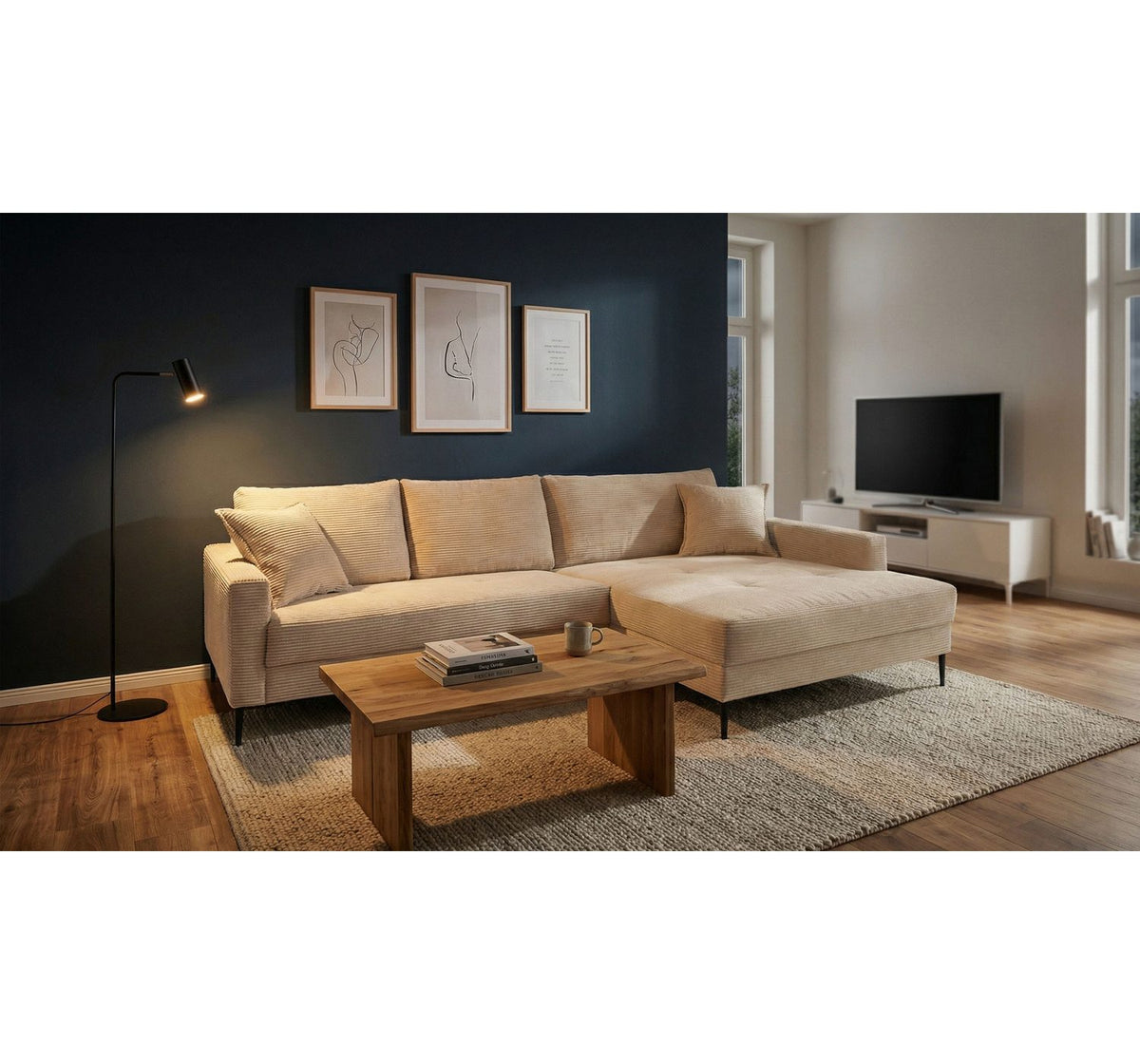 Cord Ecksofa SUMMER mit Kissen-Set im Wohnzimmer