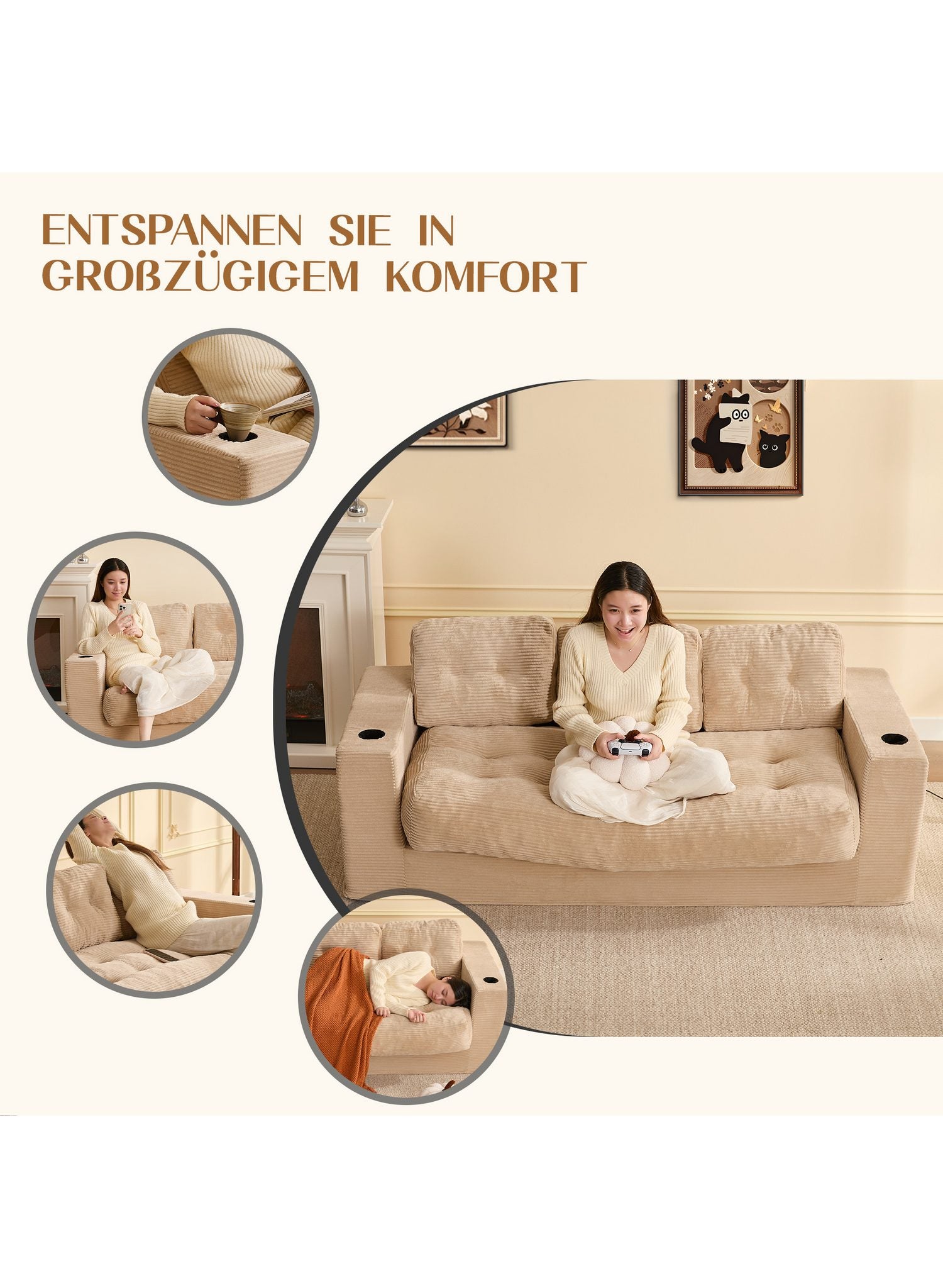 Seitliche Ansicht des niedrigen Bodensofas aus Kordstoff