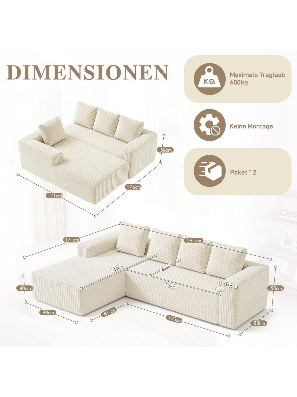 Cord Ecksofa ANYSUN Detailansicht des Cordstoffs