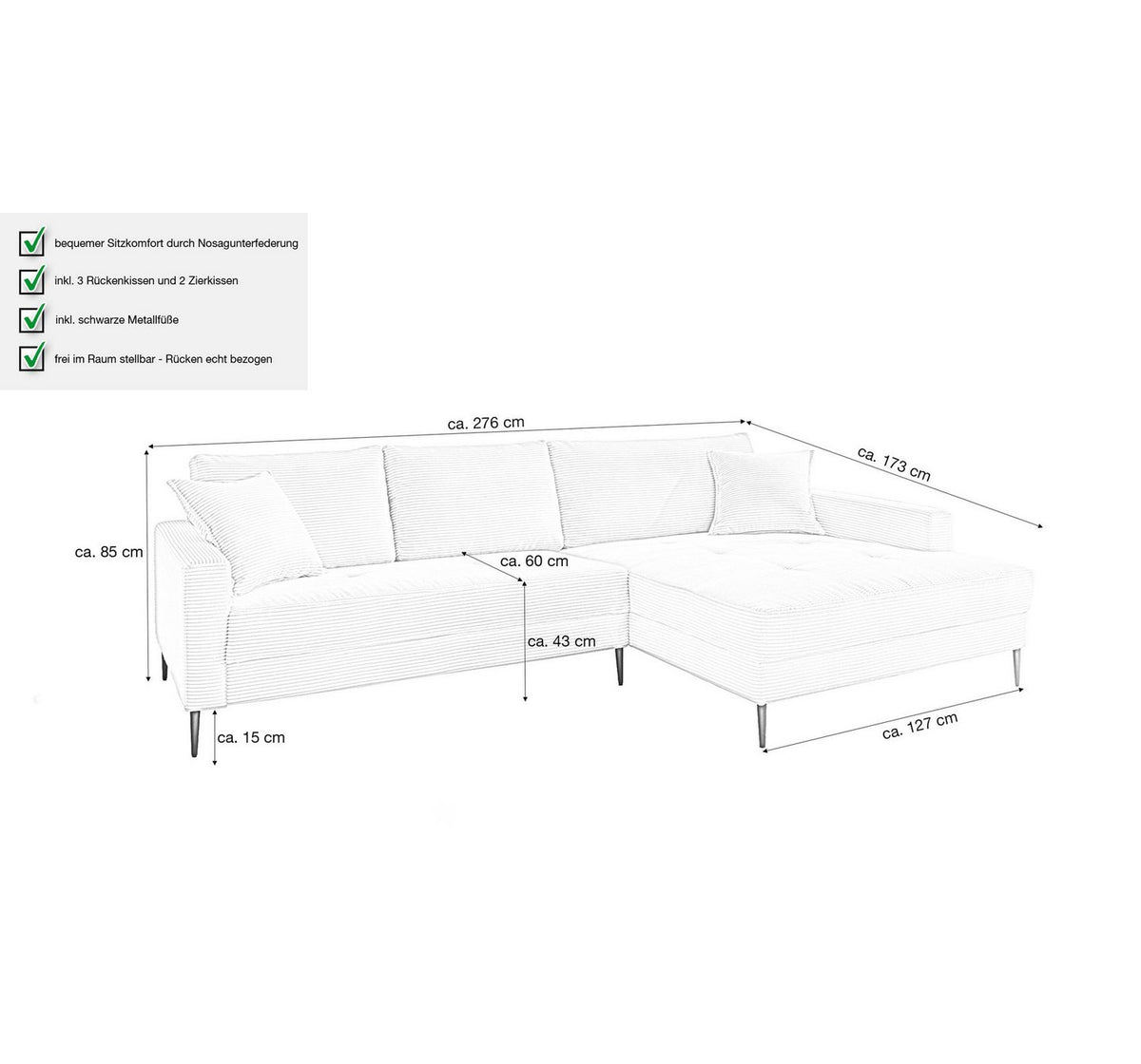 Schwarze Metallfüße des Cord Ecksofas SUMMER