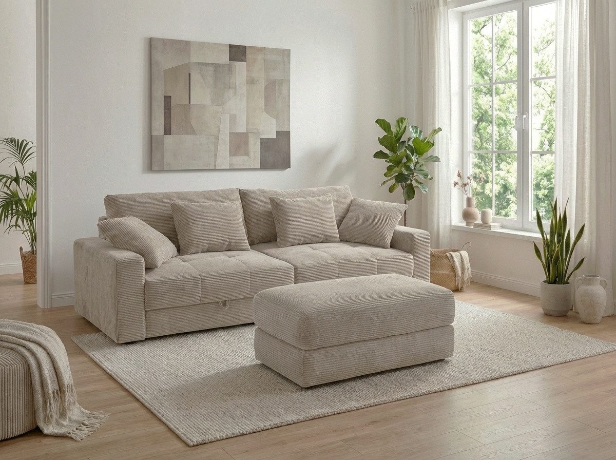 Cord Big Sofa 15263 mit Rückenkissen in Beige Grau