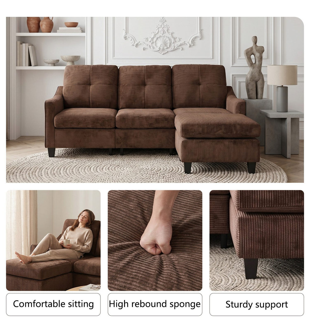 Cord Ecksofa in Braun von der Seite