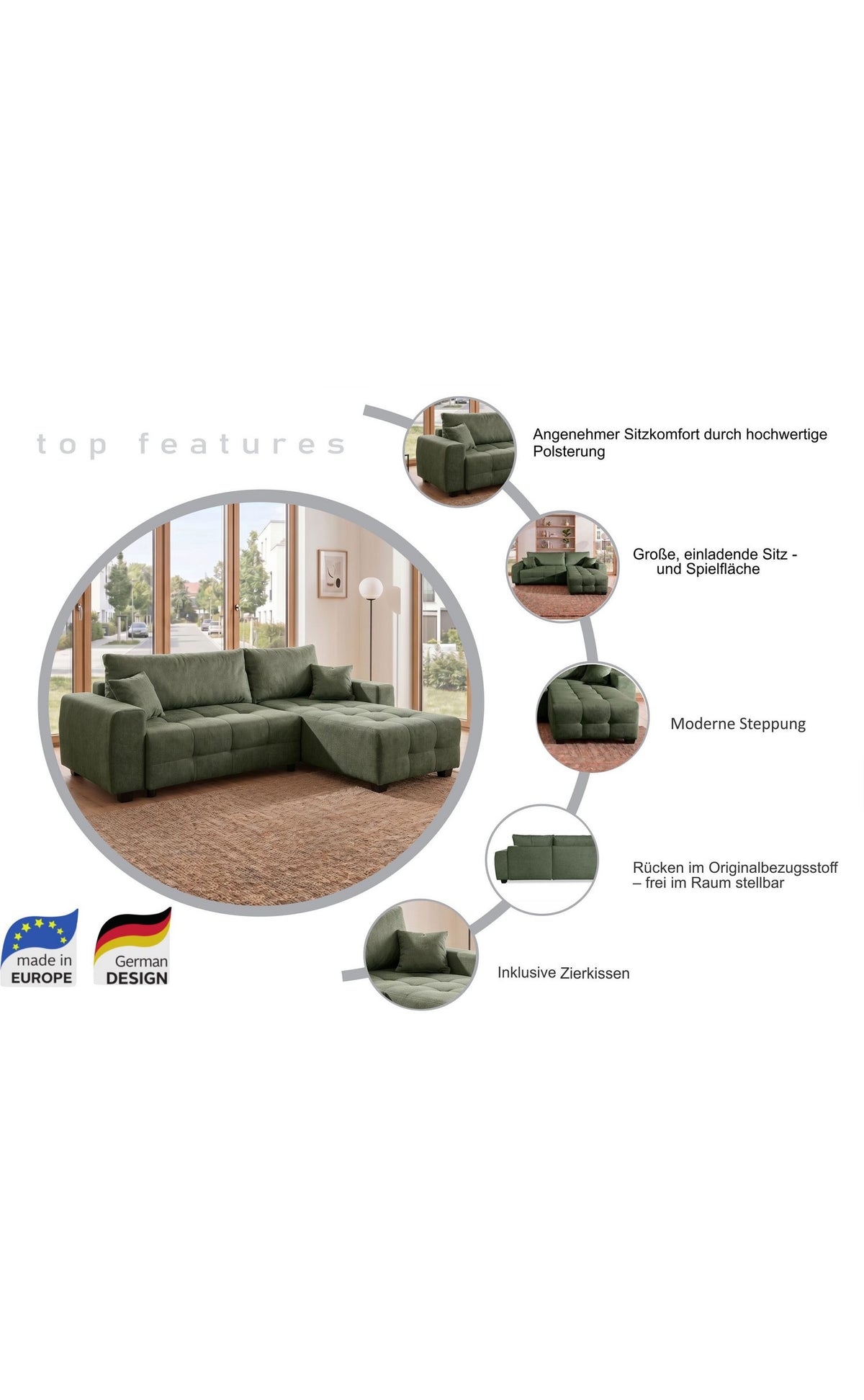Cord Ecksofa BELLA mit Rückenkissen und Zierkissen