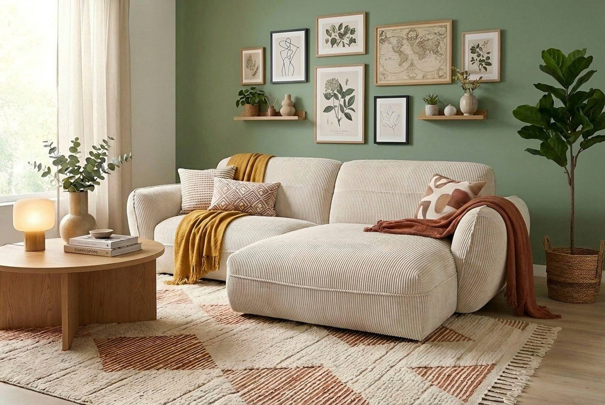 Nahaufnahme der Kedernaht am Cord Ecksofa BE CHILLED