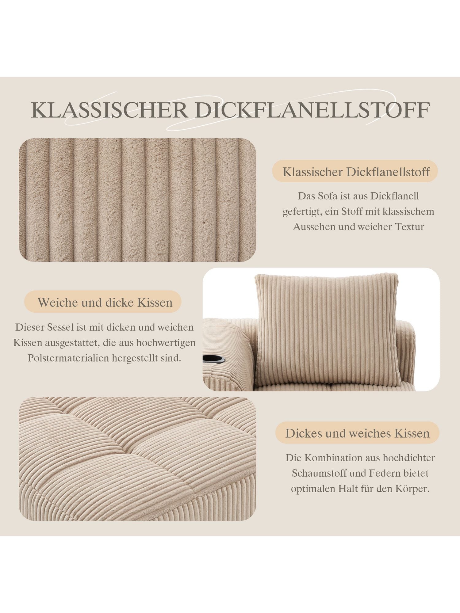 Detail des grob gerippten Cordbezugs in Khaki