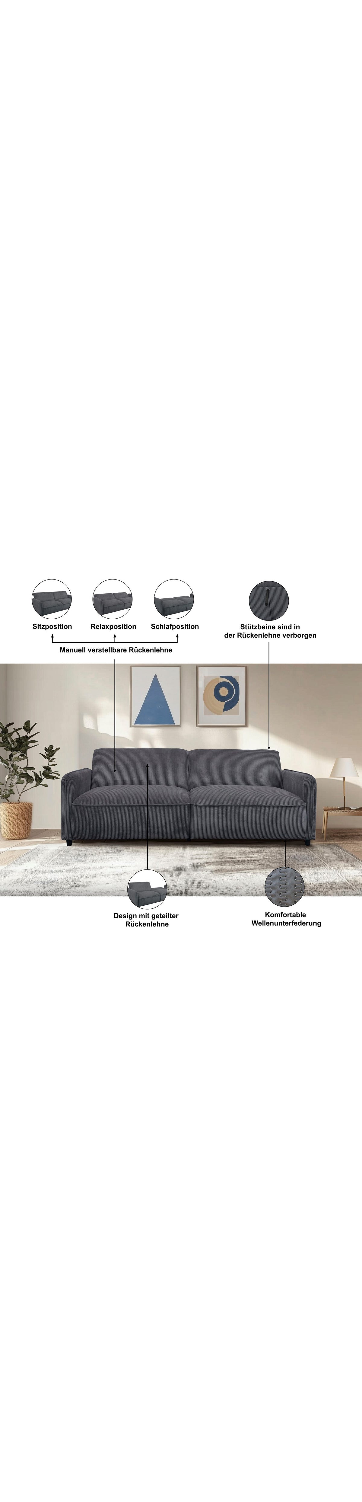 Verstellbare Rueckenlehne des Cord Schlafsofas ALLIE CURVED