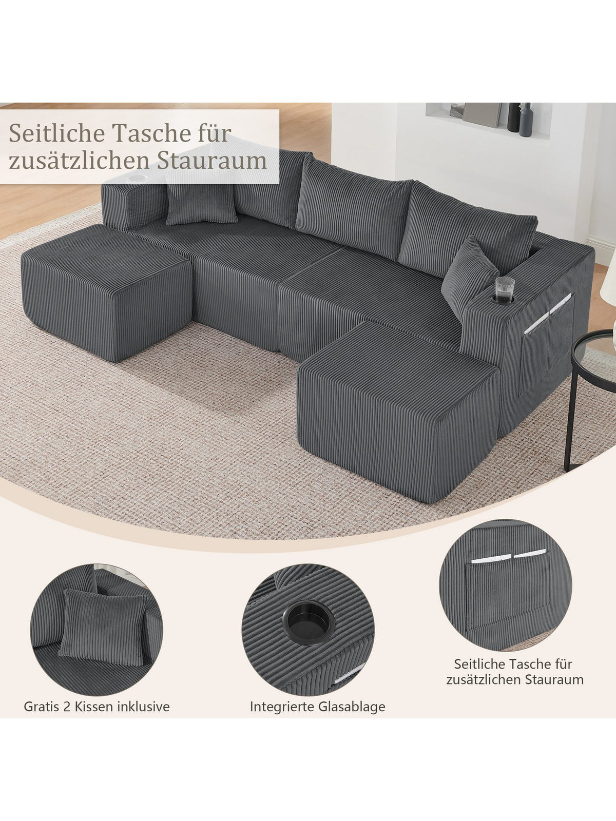 Seitentasche des modularen Cord Ecksofas
