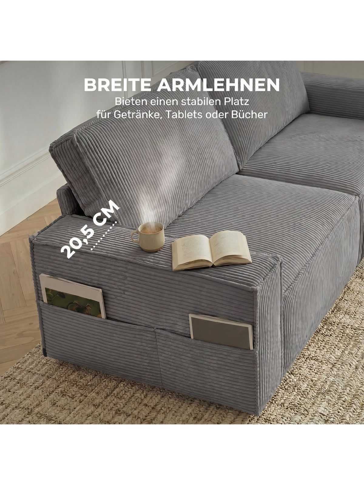 Cord Sofa 3-Sitzer Fuesse und Bodenfreiheit