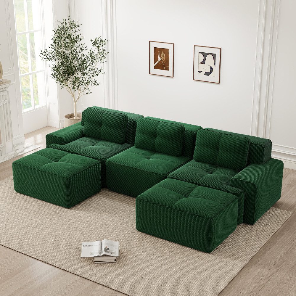 Modulares Cordsofa in Grün mit tiefer Sitzfläche