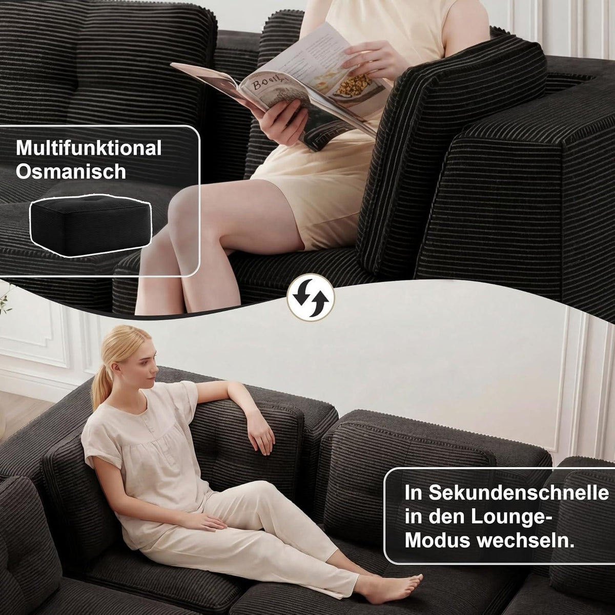 Rutschfester Standfuß des modularen Cord Ecksofas