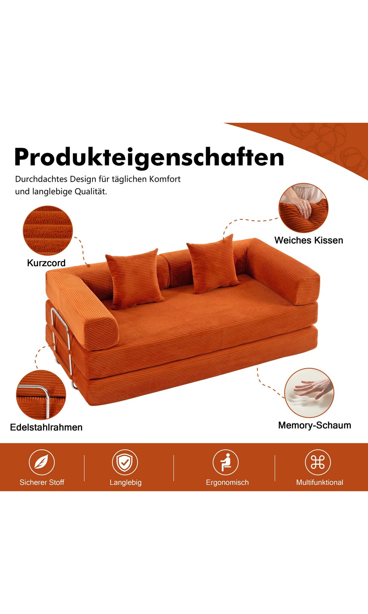 Detailaufnahme der gerippten Cordstruktur in Orange