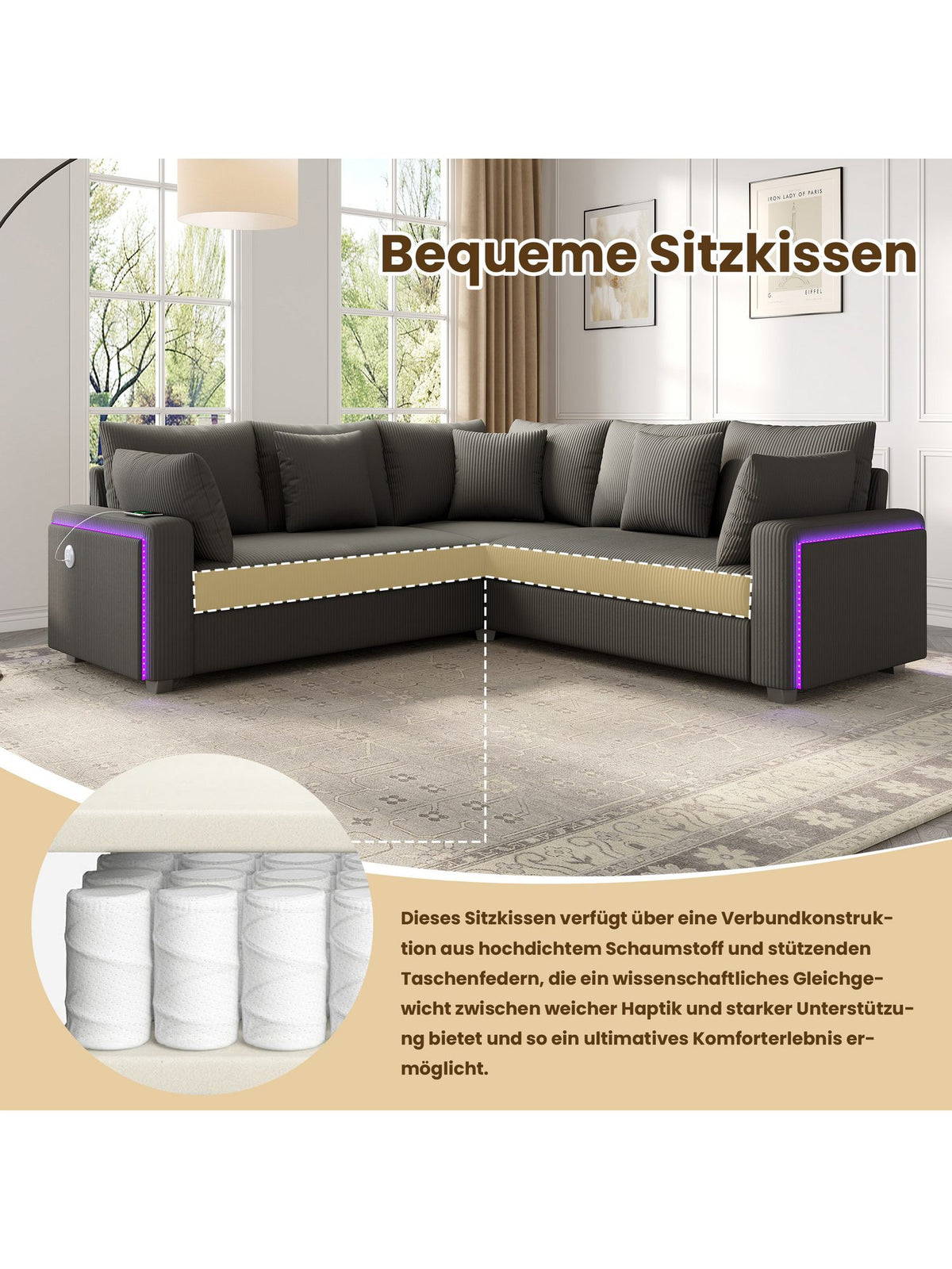 L-förmiges Cord Ecksofa in Grau von vorne