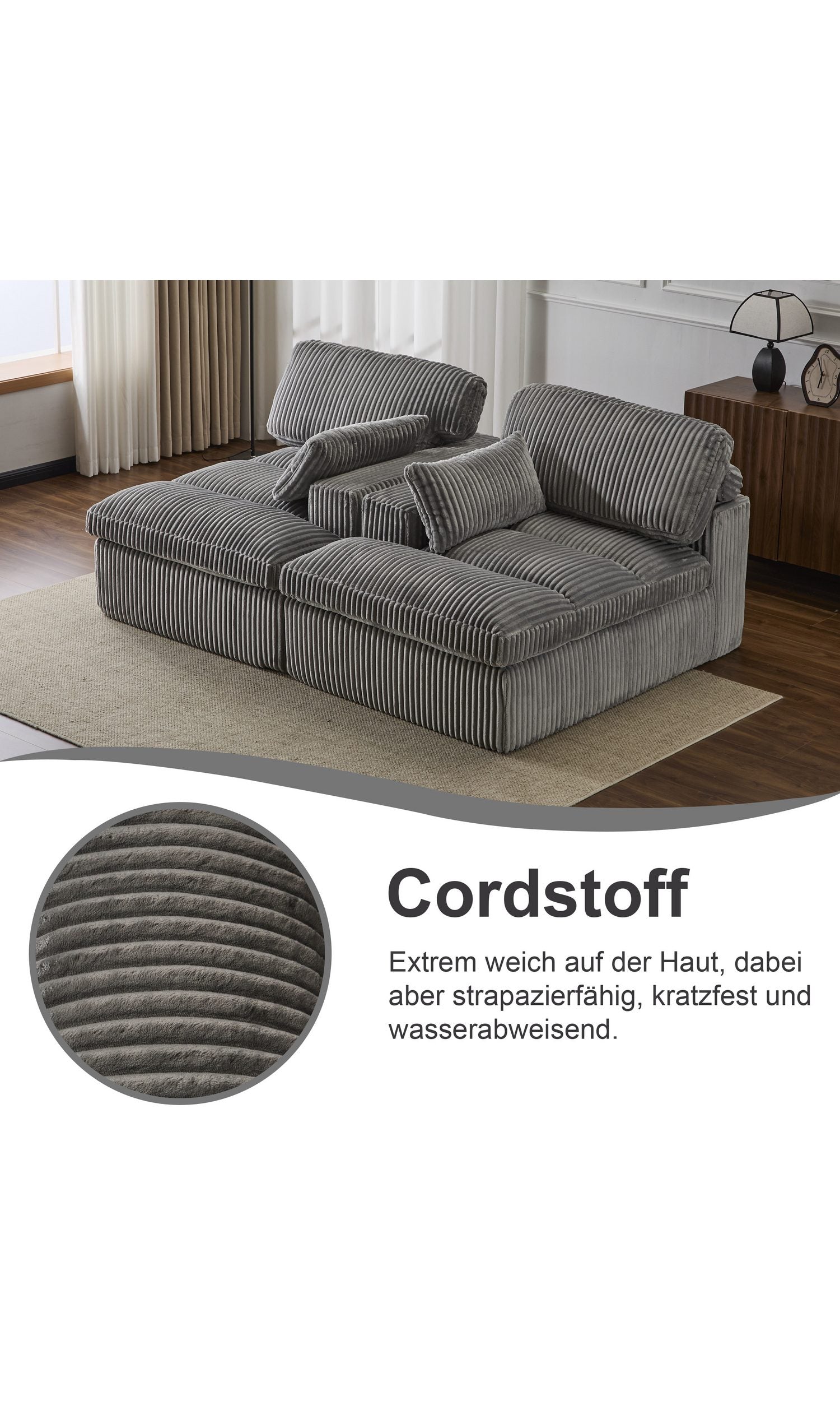 Cord Schlafsofa in Grau seitliche Ansicht