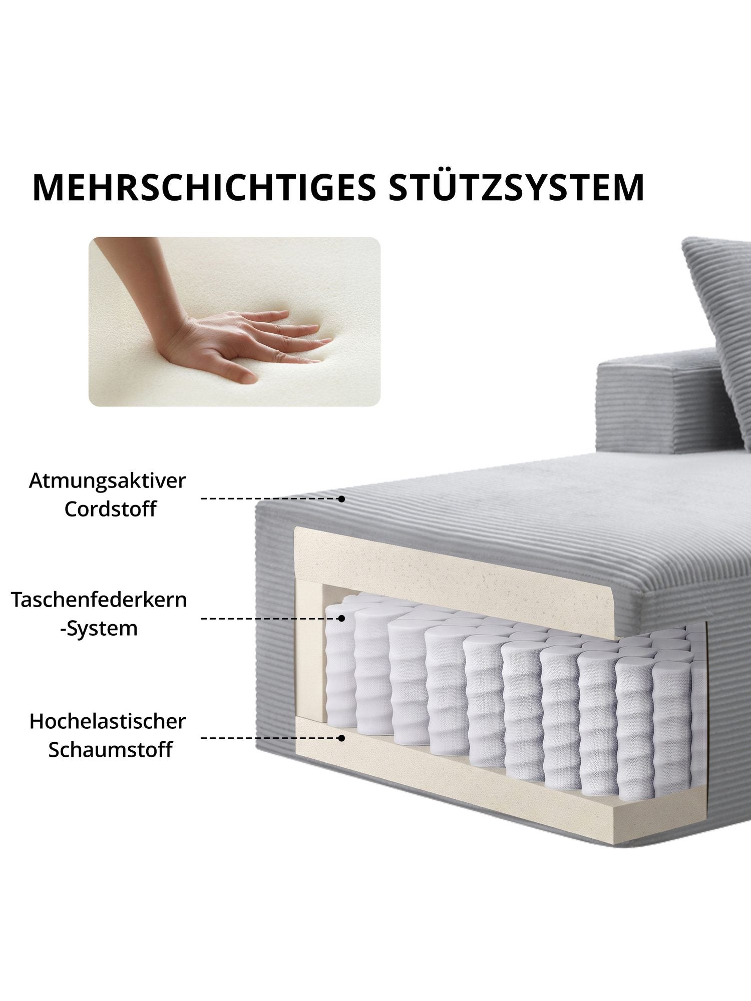 Modulares Cord Ecksofa in Hellgrau - Produktansicht 3