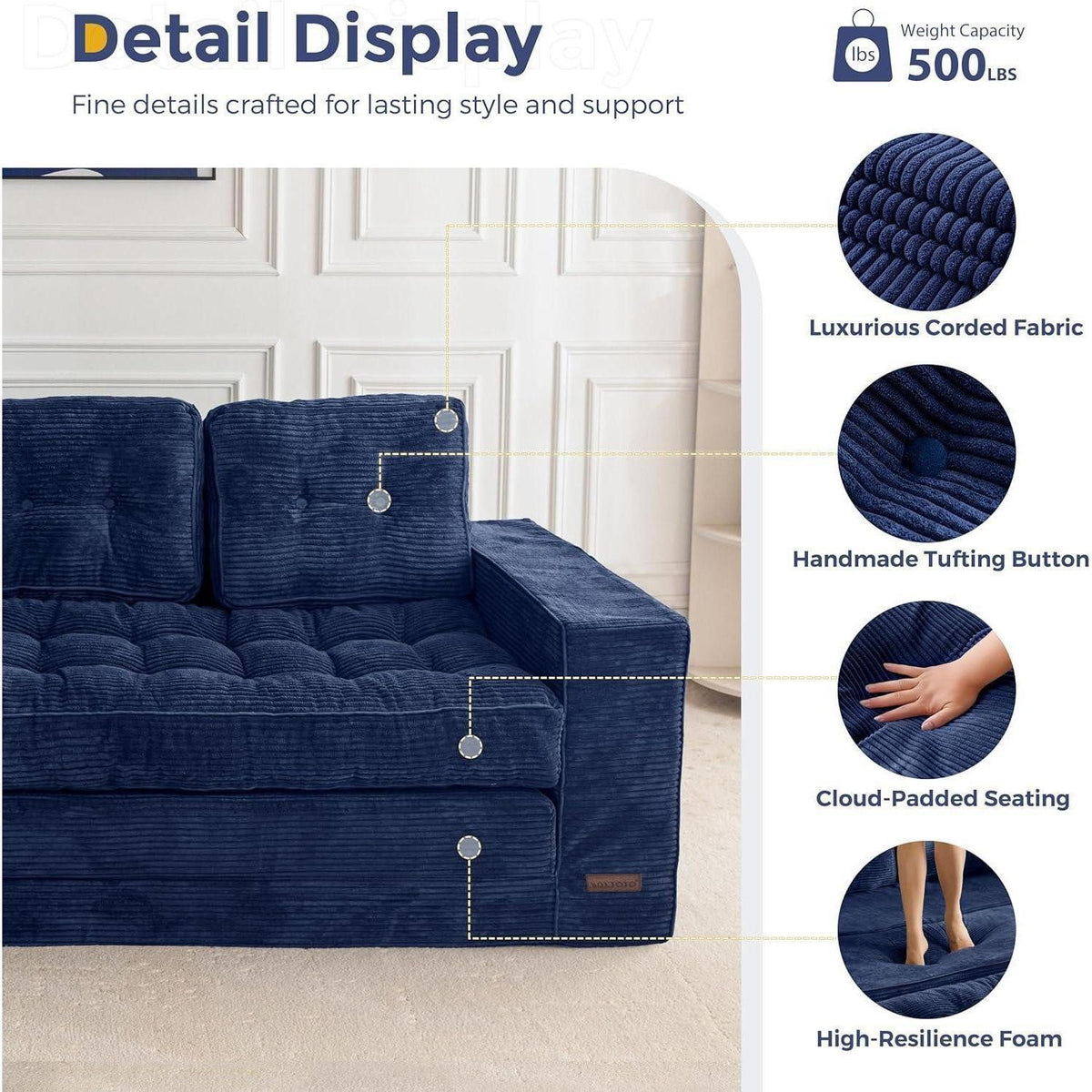 Seitenansicht des klappbaren Cord Bodensofas