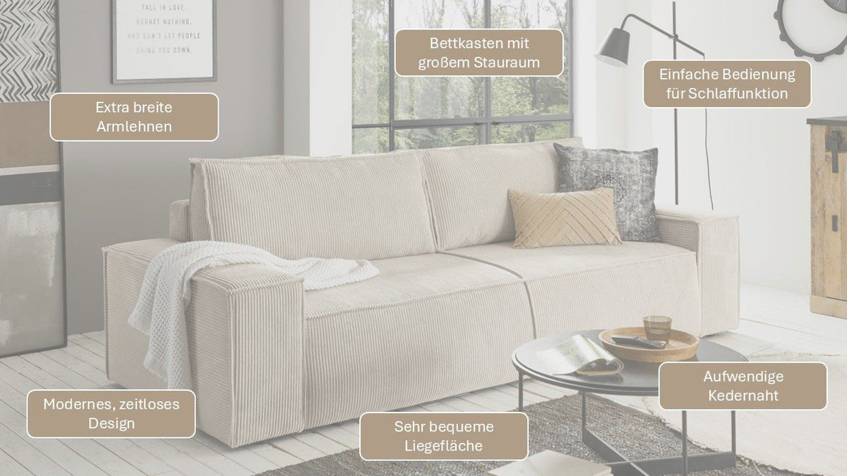 Cord Schlafsofa SHERWOOD in Hellbeige seitliche Ansicht