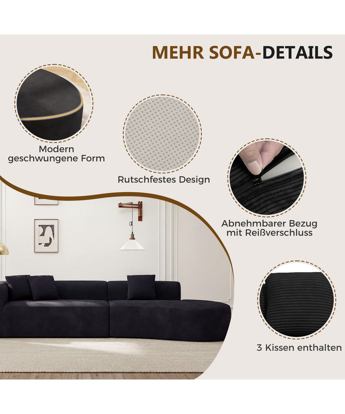 Tiefe Sitzfläche des modularen Cord Ecksofas in Schwarz